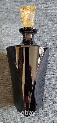 PR. OF LARGE VINTAGE TRIANGULAR BLACK GLASS with AMBER STOPPERS PERFUME BOTTLES