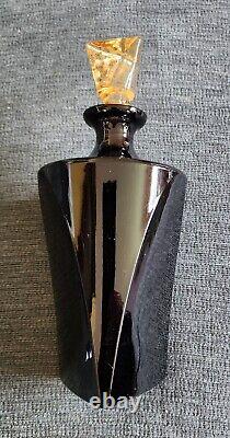 PR. OF LARGE VINTAGE TRIANGULAR BLACK GLASS with AMBER STOPPERS PERFUME BOTTLES