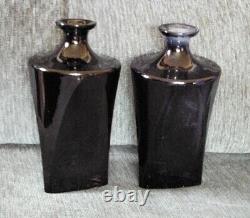 PR. OF LARGE VINTAGE TRIANGULAR BLACK GLASS with AMBER STOPPERS PERFUME BOTTLES