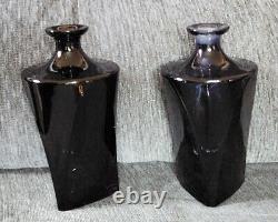 PR. OF LARGE VINTAGE TRIANGULAR BLACK GLASS with AMBER STOPPERS PERFUME BOTTLES