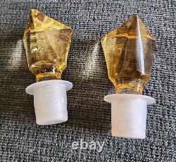 PR. OF LARGE VINTAGE TRIANGULAR BLACK GLASS with AMBER STOPPERS PERFUME BOTTLES