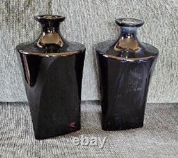 PR. OF LARGE VINTAGE TRIANGULAR BLACK GLASS with AMBER STOPPERS PERFUME BOTTLES