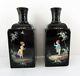 Pair Antique 19th Century Black Amethyst Glass & Enamel Perfume/dresser Bottles