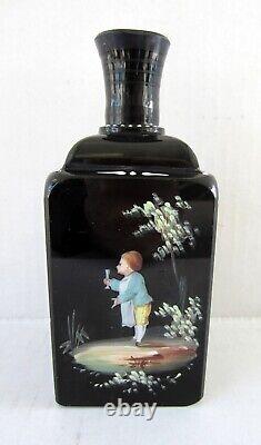 Pair Antique 19th Century Black Amethyst Glass & Enamel Perfume/Dresser Bottles