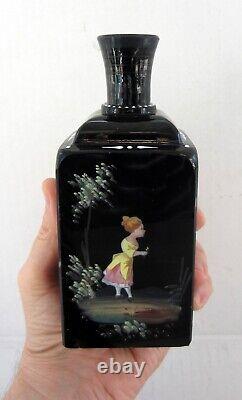Pair Antique 19th Century Black Amethyst Glass & Enamel Perfume/Dresser Bottles