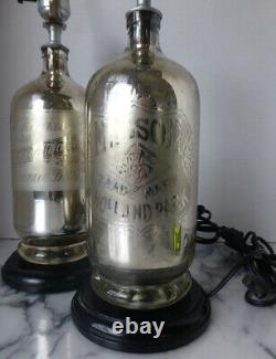 Pair MERCURY GLASS table LAMPS made of ANTIQUE mineral/ seltzer water BOTTLES