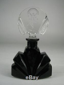 Perfume Bottle Art Deco Czechoslovakia Glass Signed Black Dauber Carved Figure