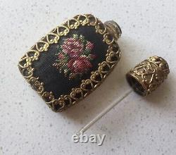 Perfume Bottle Miniature Austria Black Needlepoint Glass Dauber Roses