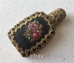 Perfume Bottle Miniature Austria Black Needlepoint Glass Dauber Roses