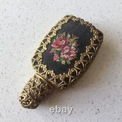 Perfume Bottle Miniature Austria Black Needlepoint Glass Dauber Roses