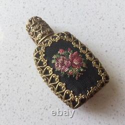 Perfume Bottle Miniature Austria Black Needlepoint Glass Dauber Roses