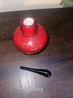 Pier 1 Art Glass Perfume Bottle With Stopper Red, Gold, Black 4x3 Cased Glass