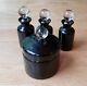 Portieux Vallerysthal French Black Glass Vanity Set 3 Perfume Bottles & Puff Box