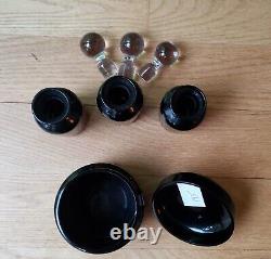 Portieux Vallerysthal French Black Glass Vanity Set 3 Perfume Bottles & Puff Box