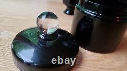 Portieux Vallerysthal French Black Glass Vanity Set 3 Perfume Bottles & Puff Box