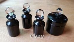 Portieux Vallerysthal French Black Glass Vanity Set 3 Perfume Bottles & Puff Box