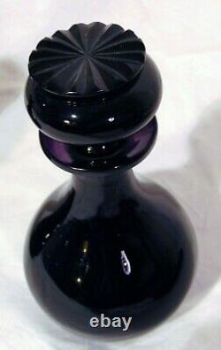Pr Black Amethyst Hand Blown Art Glass Decanters Perfume Bottles Cut Stoppers 7