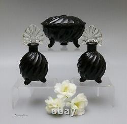 REDUCED PRICE! Imperial Glass-3-piece Black Swirl Vanity Set 1930s