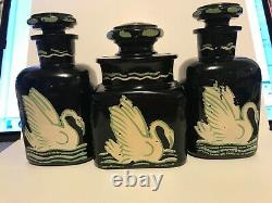 Rare 3 Piece Set, Black Glass Bathroom Bottles, Cologne, Salts, With Swan Decals