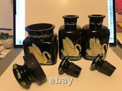 Rare 3 Piece Set, Black Glass Bathroom Bottles, Cologne, Salts, With Swan Decals