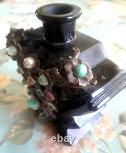 Rare Antique Art Deco Black Amethyst Glass Jeweled Perfume Bottle? Bronze Flowers
