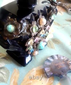 Rare Antique Art Deco Black Amethyst Glass Jeweled Perfume Bottle? Bronze Flowers