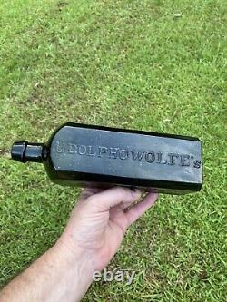 Rare Antique Full Iron Pontil Black Glass Olive Udolpho Wolfe's Schnapps Bottle