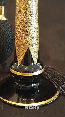 Rare Antique PYRAMID Perfume Bottle Atomizer Black glass withLush Gold Devilbiss