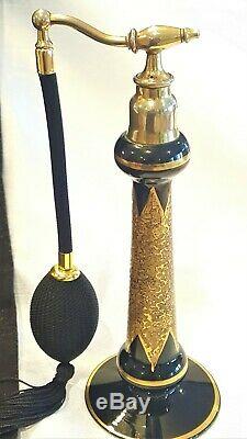 Rare Antique PYRAMID Perfume Bottle Atomizer Black glass withLush Gold Devilbiss
