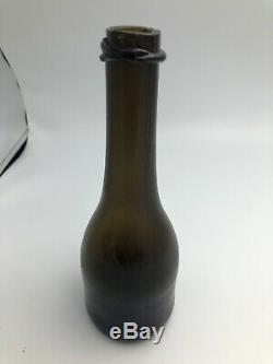 Rare Black Glass Mini Ale Bottle Or Splitz Green Kick Up Base With Open Pontil