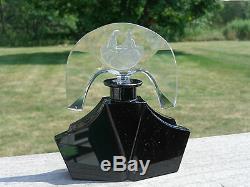 Rare Large Czech Perfume Bottle Black And Clear Glass-seated Lovers Stopper