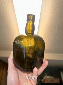 Rare Late 1800's Black Glass Olive Square Whiskey Bottle Pontiled