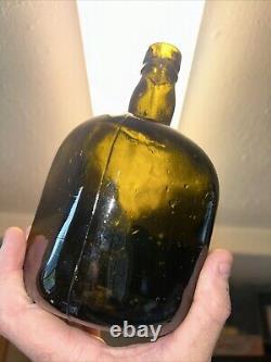 Rare Late 1800's Black Glass Olive Square Whiskey Bottle Pontiled