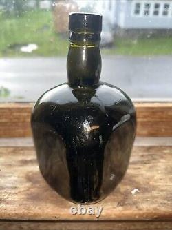 Rare Late 1800's Black Glass Olive Square Whiskey Bottle Pontiled