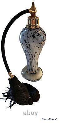 Rare Vintage Art Deco Pulled Black & White Art Glass Perfume Bottle withAtomizer