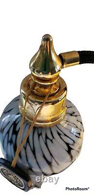 Rare Vintage Art Deco Pulled Black & White Art Glass Perfume Bottle withAtomizer