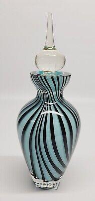 Rare Vintage Art Glass Perfume Bottle Light Blue with Black stripes 7H