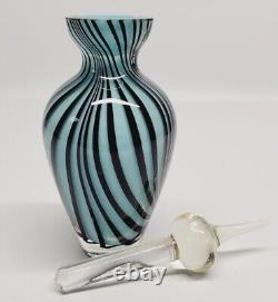 Rare Vintage Art Glass Perfume Bottle Light Blue with Black stripes 7H