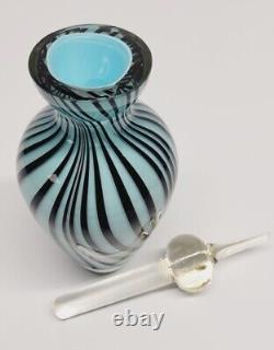 Rare Vintage Art Glass Perfume Bottle Light Blue with Black stripes 7H