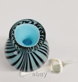 Rare Vintage Art Glass Perfume Bottle Light Blue with Black stripes 7H