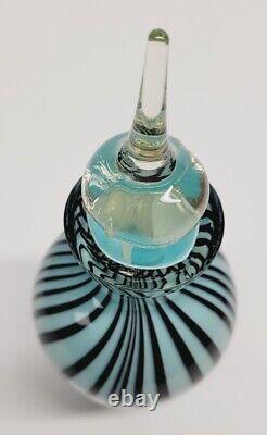 Rare Vintage Art Glass Perfume Bottle Light Blue with Black stripes 7H