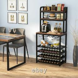 Rustic 32 Bottles Floor Wine Rack Shelf with Wine Glass Holder Rack for Kitchen