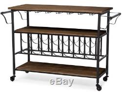 Rustic Industrial Style Wine Bar Cart with Bottle and Glass Storage, Black/Brown
