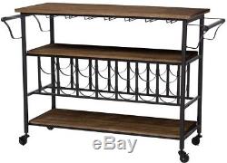 Rustic Industrial Style Wine Bar Cart with Bottle and Glass Storage, Black/Brown