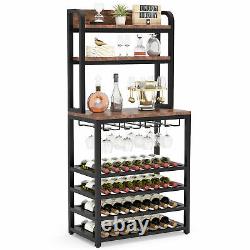 Rustic Style Wine Bar Cabinet Display Shelf with Wine Bottle Storage& Glass Holder
