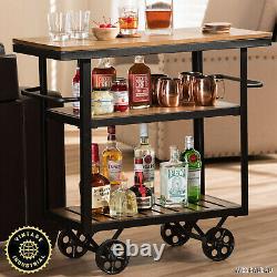 Rustic Wine Bar Cart Liquor Rack Glass Bottle Storage Industrial Style Pub Wood