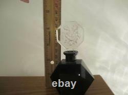 SIGNED Black & Clear CZECH GLASS PERFUME BOTTLE, STOPPER withROSES, NO DAUBER