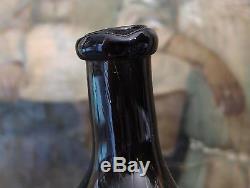SMALL ANTIQUE FRENCH BLACK GLASS ALCOHOL ARMAGNAC BOTTLE 18th PONTIL SCARE 1