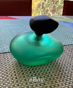 Salviati Murano Italian Art Glass Frosted Green Perfume Bottle With Black Top