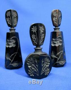 Set Of 3 Black Cut / Carved Bohemian Glass Scent / Perfume Bottles